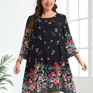 Women’s Floral Black Dress with Pink and Green Accents - Size XL